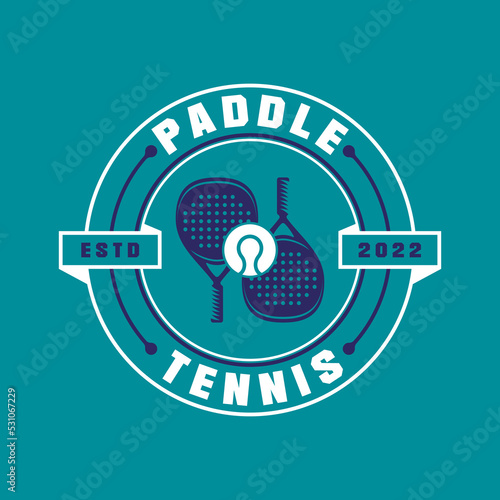 Paddle Tennis emblem patch logo, paddle racket and ball logo icon on blue background.