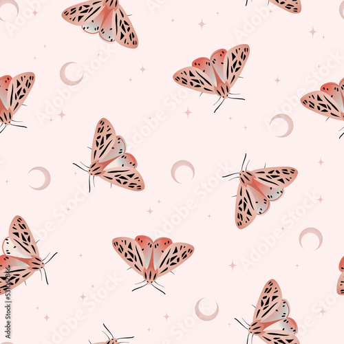 Seamless pattern with pink moth and moon. Vector background. Texture for print, textile, fabric, packaging.