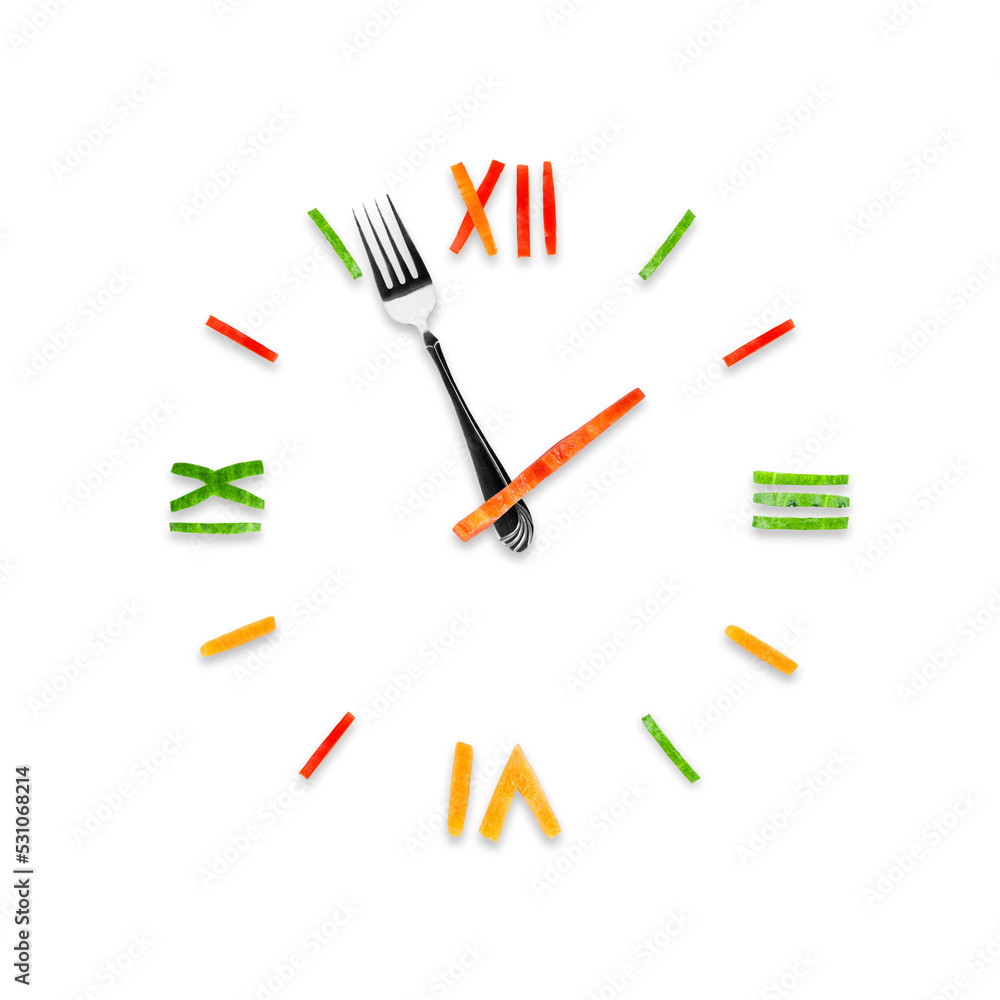 Time to eat concept. Food clock isolated on transparent background. PNG format