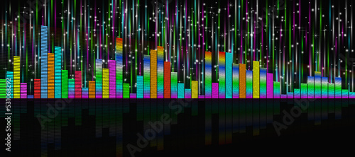 Vector wide bright color graphic equalizer on a dark background with glowing rays and starry sparks