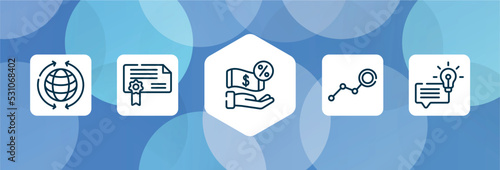 business outline icon set isolated on blue abstract background. thin line icons such as worldwide, authorization, commission, limit, suggestion vector. can be used for web and mobile.