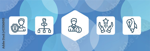 business outline icon set isolated on blue abstract background. thin line icons such as personal security, hierarchical structure, banker, advantage, start up vector. can be used for web and mobile.