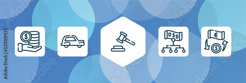 business management outline icon set isolated on blue abstract background. thin line icons such as stack, old car, bid, hierarchy structure, money transfer vector. can be used for web and mobile.