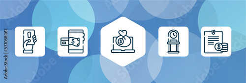 business management outline icon set isolated on blue abstract background. thin line icons such as penalty, mobile payment, bank on, old watch, planing vector. can be used for web and mobile.