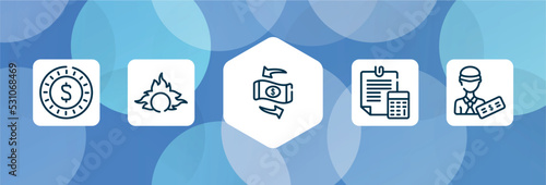 taxes outline icon set isolated on blue abstract background. thin line icons such as dollar coin, proof of burn, convert, estimate, officer vector. can be used for web and mobile.