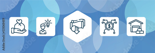 business outline icon set isolated on blue abstract background. thin line icons such as wage, opinion, devaluation, spreading, wholesaler vector. can be used for web and mobile.
