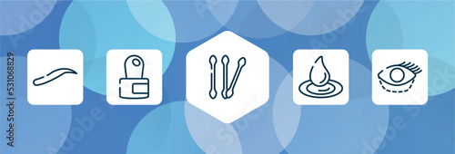 plastic surgery outline icon set isolated on blue abstract background. thin line icons such as eyebrows, cuticle, cotton swab, waterdrop, blepharoplasty vector. can be used for web and mobile.