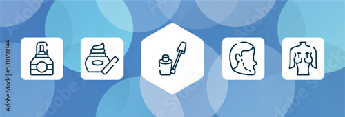 plastic surgery outline icon set isolated on blue abstract background. thin line icons such as cologne, skin care, nail color, implant, mastopexy vector. can be used for web and mobile.