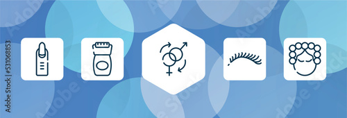 hairdressing and esthetics outline icon set isolated on blue abstract background. thin line icons such as nail, epilator, sex reas, eyelashes, hair curler vector. can be used for web and mobile.