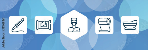 sauna outline icon set isolated on blue abstract background. thin line icons such as curling, wet wipes, surgeon, roll on, bathtube vector. can be used for web and mobile.