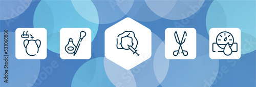 sauna outline icon set isolated on blue abstract background. thin line icons such as hair transplant, eye, mesotherapy, medical tools, hydrometer vector. can be used for web and mobile.