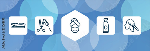 hairdressing and barber outline icon set isolated on blue abstract background. thin line icons such as hair clip, scissor and comb, face mask, lotion, hair dye vector. can be used for web and