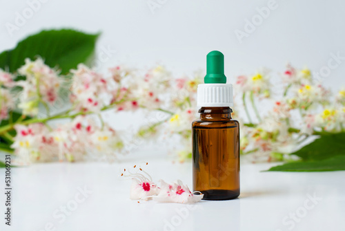 Wallpaper Mural Bottle of horse chestnut extract, essence of chestnut flowers. Flowering branches and leaves of horse chestnut. Torontodigital.ca
