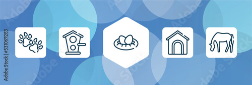 horses outline icon set isolated on blue abstract background. thin line icons such as dog paw, birds home, nest with eggs, dog and pets house, horse grazing vector. can be used for web and mobile.