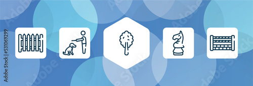 horses outline icon set isolated on blue abstract background. thin line icons such as garden fence, null, plain tree, horse head chess piece, fence for horses jumps vector. can be used for web and