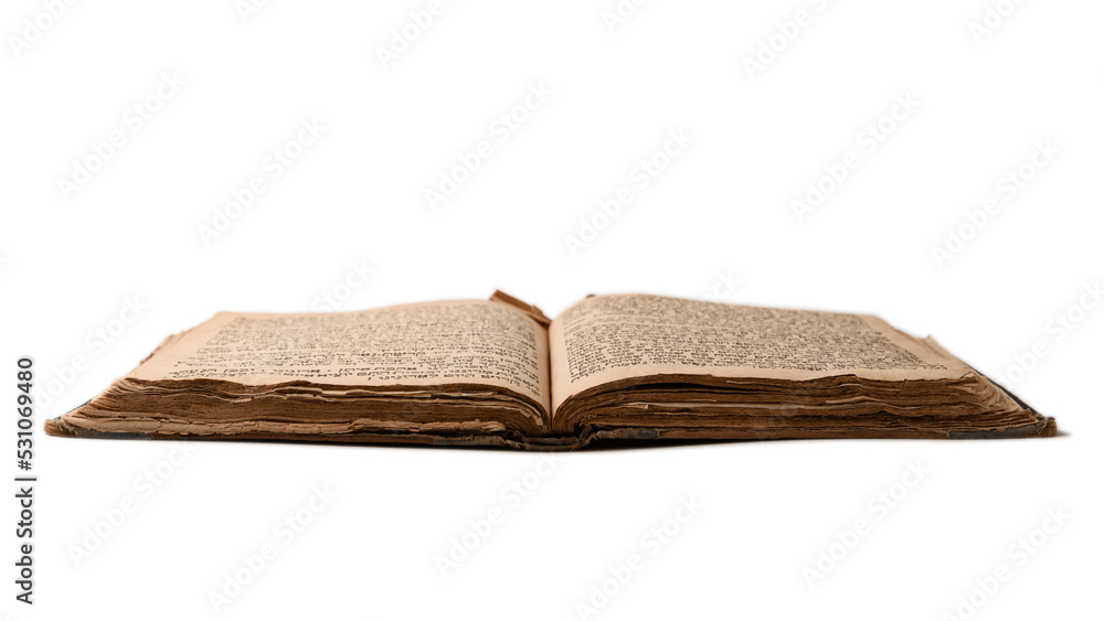Single old worn jewish book. Open shabby pages of Machzor on white background. Closeup. Selective focus.