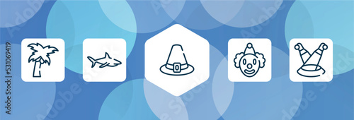 circus outline icon set isolated on blue abstract background. thin line icons such as coconut tree, sharks, pirim, clown, scene vector. can be used for web and mobile.