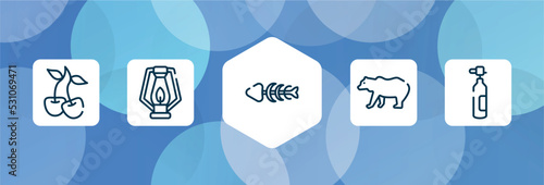 diving outline icon set isolated on blue abstract background. thin line icons such as cherry, oil lamp, fishbone, grizzly bear, oxygen tank vector. can be used for web and mobile.