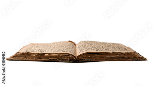 Obraz na płótnie Single old worn jewish book. Open shabby pages of Machzor on white background. Closeup. Selective focus. w salonie
