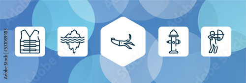 hunting outline icon set isolated on blue abstract background. thin line icons such as lifejacket, glacier, squid, fire hydrant, hunter vector. can be used for web and mobile.