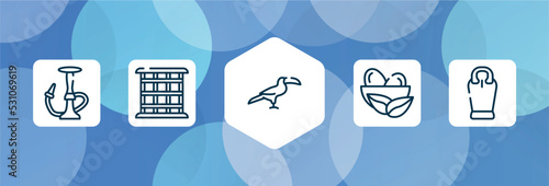 desert outline icon set isolated on blue abstract background. thin line icons such as hookah, cage, toucan, nest, sarcophagus vector. can be used for web and mobile.