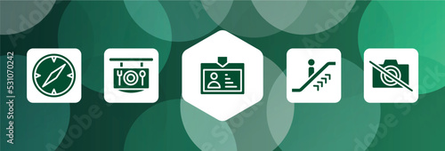 in the airport filled icon set isolated on abstract background. glyph icons such as compass with white face, restaurant, pass card, upwards or, no photography vector. can be used for web and mobile.