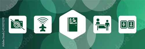 airport and travel filled icon set isolated on abstract background. glyph icons such as no photos, airport flight info, prayer room, persons in an airport, toilets vector. can be used for web and