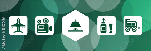 vacation filled icon set isolated on abstract background. glyph icons such as plane diagonal, camera recorder, hotel bell ringing, toiletries, two window carriage vector. can be used for web and
