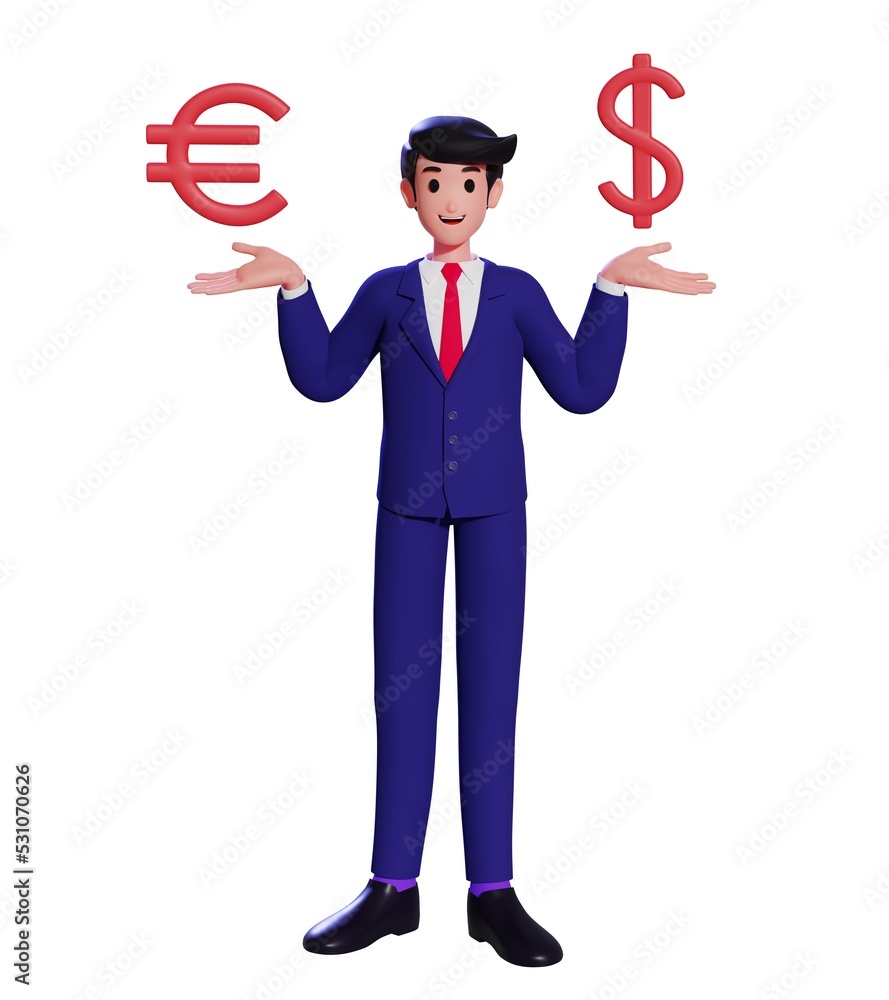 Businessman 3d cartoon character in formal suit hands hold red Dollar and Euro Sign. Currency Exchange concept. 3d illustration Businessman 3d cartoon character in formal suit hands hold red Dollar and Euro Sign. Currency Exchange concept. 3d illustration