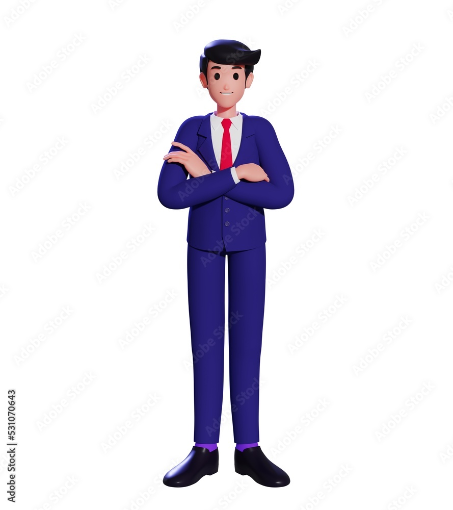 Young businessman 3d cartoon character In formal suit smiling and standing with arms crossed to the chest or folded. 3d illustration Young businessman 3d cartoon character In formal suit smiling and standing with arms crossed to the chest or folded. 3d illustration