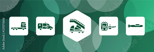 transporters filled icon set isolated on abstract background. glyph icons such as truck cabin side view, ambulance side view, airport truck, miscellaneous, submarine side view vector. can be used