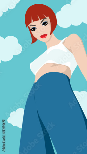 1323_Redhead young woman wearing blue pants and white crop top looking down against blue sky with clouds, bottom view