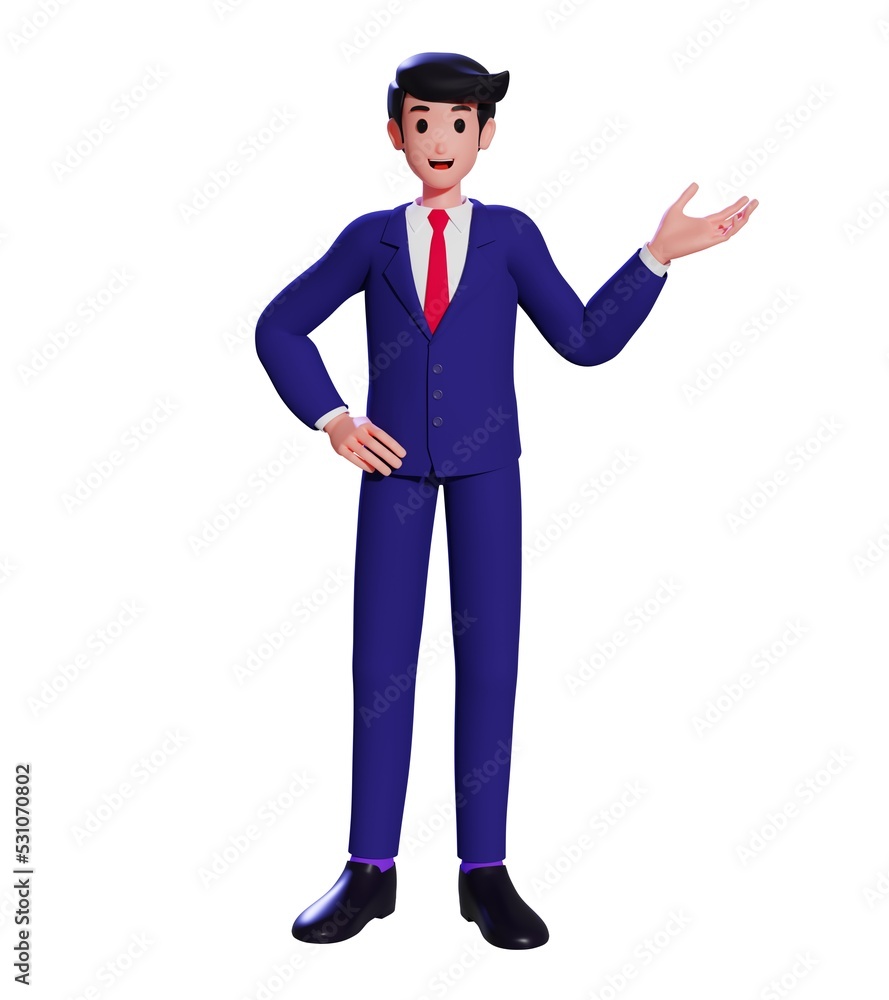 A businessman standing and holding his hand on his waist and pointing aside. A cheerful man with a formal suit showing a product in his hand with blank space aside. 3d illustration