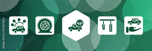 road trip filled icon set isolated on abstract background. glyph icons such as carsharing, flat tire, shift, brake pedal, rental car vector. can be used for web and mobile.