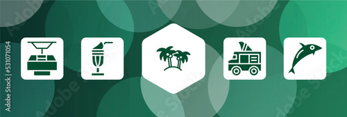 summer filled icon set isolated on abstract background. glyph icons such as funicular, milkshake, island with palm trees, ice cream van, dolphin on water waves vector. can be used for web and