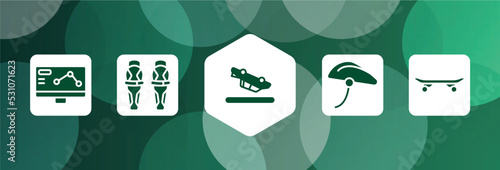 sport equipment filled icon set isolated on abstract background. glyph icons such as telemetry, shin, blowover, bike helmet, longboard vector. can be used for web and mobile.