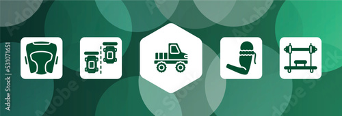 gym equipment filled icon set isolated on abstract background. glyph icons such as headgear, parade lap, off road, armband, bench press vector. can be used for web and mobile.