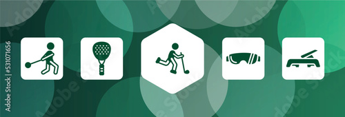 gym equipment filled icon set isolated on abstract background. glyph icons such as hammer throwing, padel, bowman, sport sunglasses, fitness step vector. can be used for web and mobile.