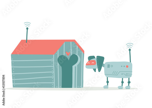 Robotic dog with his kennel. Cpmic electronic pet, robot puppy, modern kids toy isolated design element. Digital technology, innovation and artificial intelligence. Flat vector illustration.