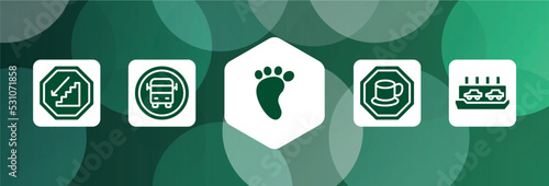 indications filled icon set isolated on abstract background. glyph icons such as walking downstairs, school bus stop, four toe footprint, cafe bar, ferry carrying cars vector. can be used for web