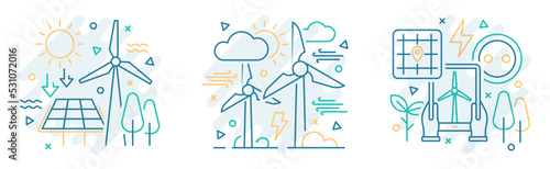 Set of 3 eco wind energy icon illustrations with editable stroke line. Ecology enviroment electric power. Vector isolated concept
