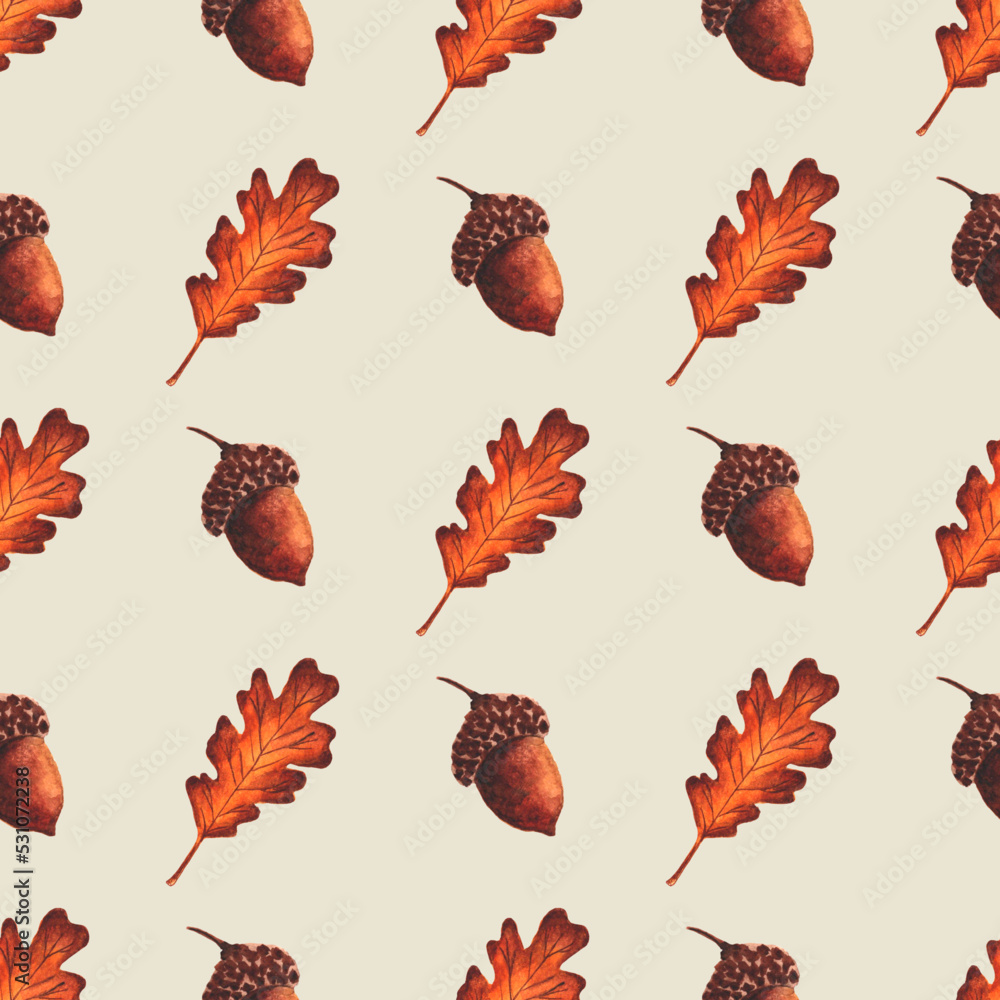 Obraz premium Seamless watercolor autumn pattern. Oak leaves and acorns repeated print.