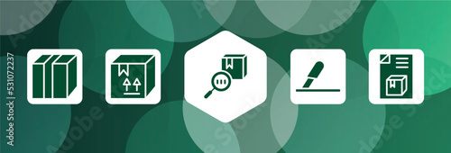 product delivery filled icon set isolated on abstract background. glyph icons such as closed cardboard box with packing tape, cardboard box with fragile items, trackcode, use cutter, dispatch note