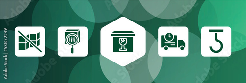 shipping and handly filled icon set isolated on abstract background. glyph icons such as do not stack, scan package, cardboard box with glasses, shipping truck, use hooks vector. can be used for web