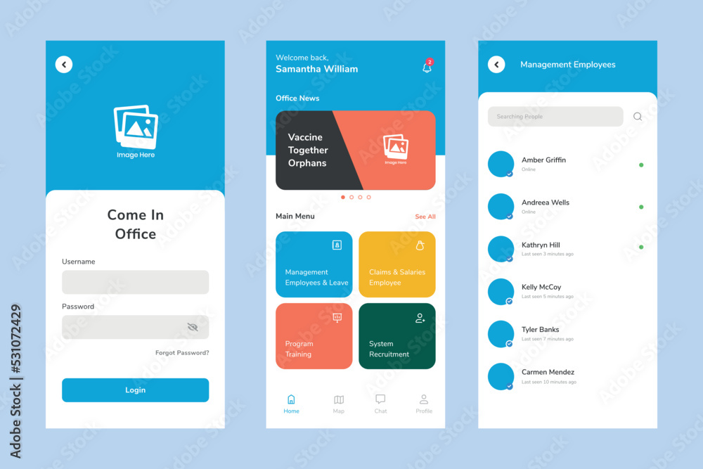 Human resource management ui design template vector. Layout app mobile developer. Suitable for designing mobile android and ios