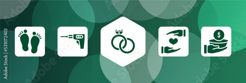 general filled icon set isolated on abstract background. glyph icons such as steps, perforator, interlocking rings, heart between hands, poverty vector. can be used for web and mobile.