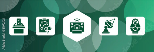 general filled icon set isolated on abstract background. glyph icons such as referendum, marketing plan, smart home hub, satellite antenna, matryoshka vector. can be used for web and mobile.