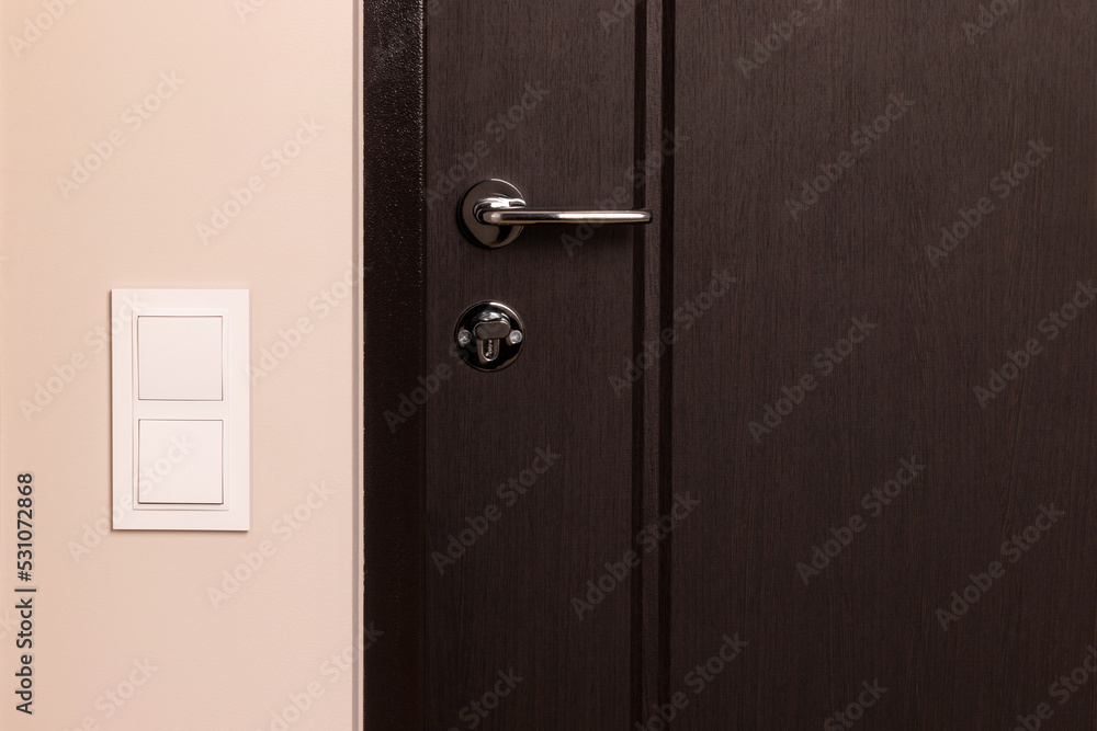 White electrical switch on beige wall next to the wooden door in modern apartment White electrical switch on beige wall next to the wooden door in modern apartment