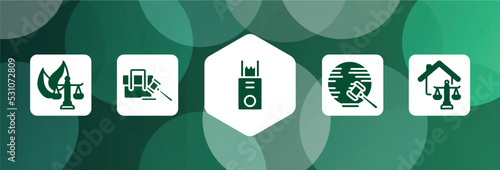 law and justice filled icon set isolated on abstract background. glyph icons such as environmental law, employment, electroshock weapon, international law, real estate vector. can be used for web