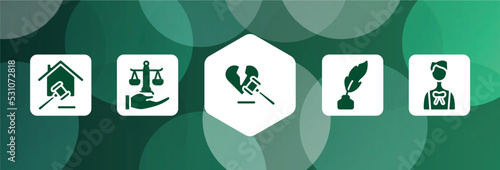 law and justice filled icon set isolated on abstract background. glyph icons such as property and finance, justice scales in hand, divorce, feather pen, advocate vector. can be used for web and